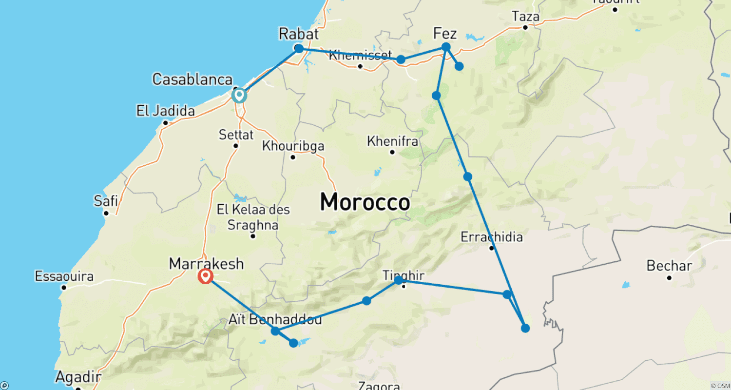 Mapa trasy: 8-dniowa kulturowa wycieczka po Cesarskich Miastach Maroka z Casablanki