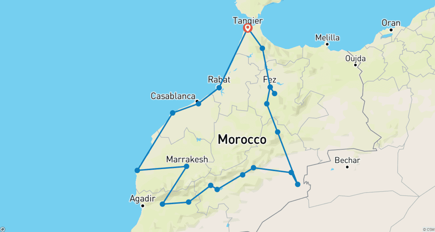Mapa do percurso de Grande Odisseia Cultural Marroquina de 14 Dias a partir de Tânger