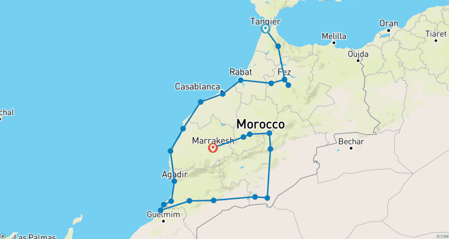 خريطة مسار جولة ثقافية في المغرب من الشمال إلى الجنوب لمدة 17 يومًا