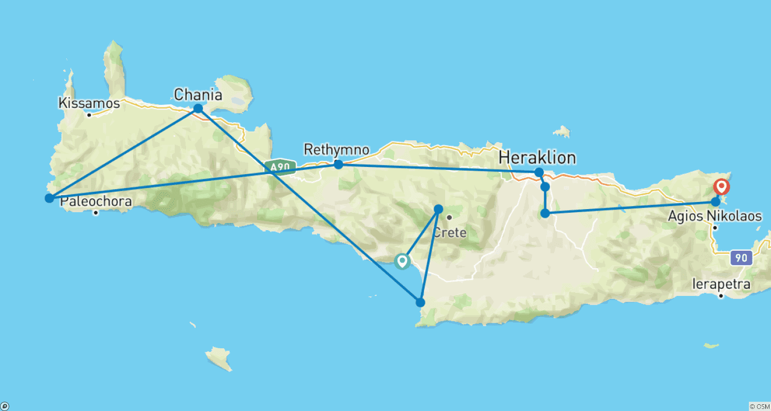 Mapa do percurso de Creta do Norte ao Sul (Excursão de degustação de vinhos incluída)