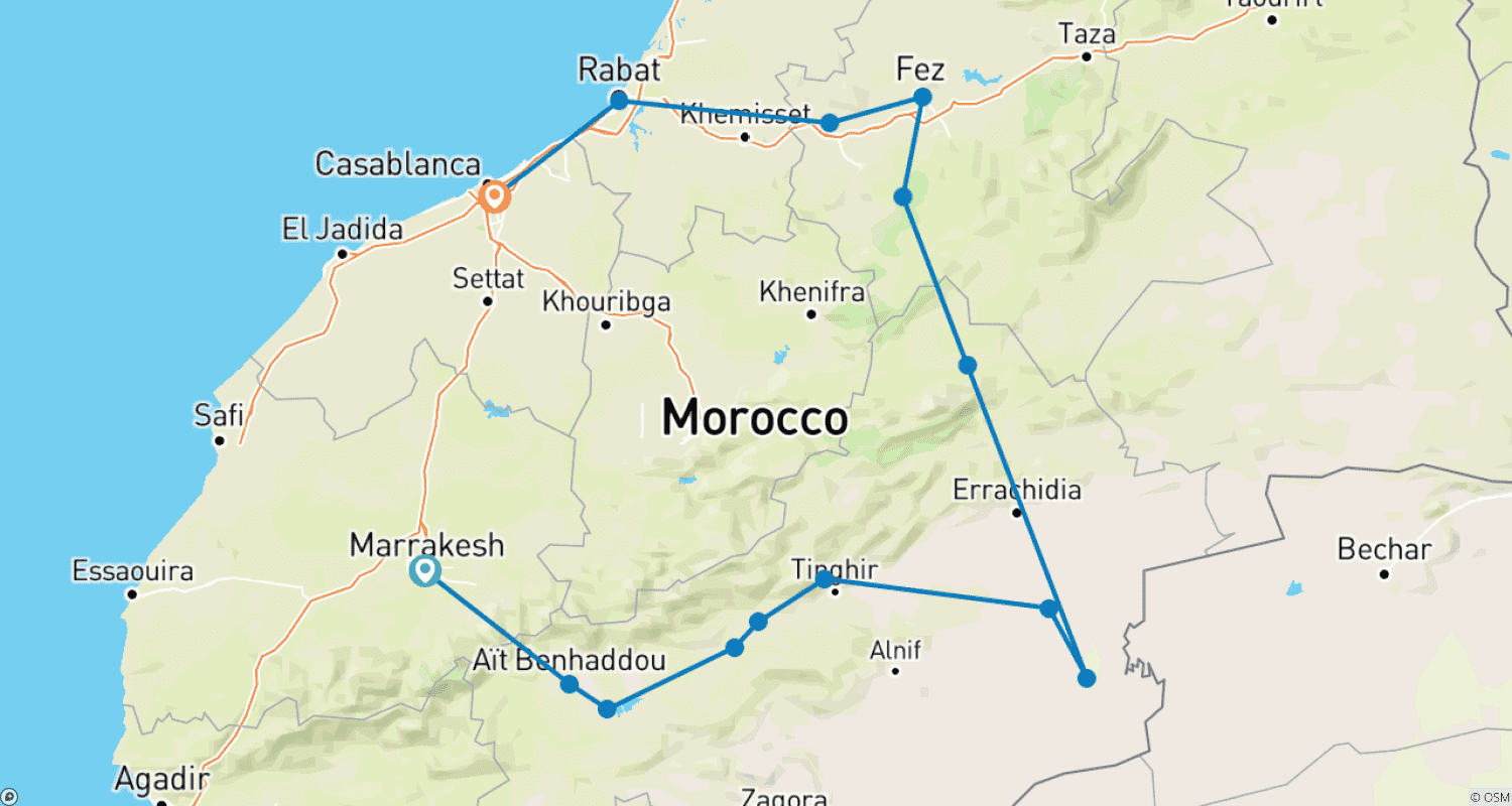 8 days Imperial Cities Morocco Cultural Tour From Marrakechのルートマップ