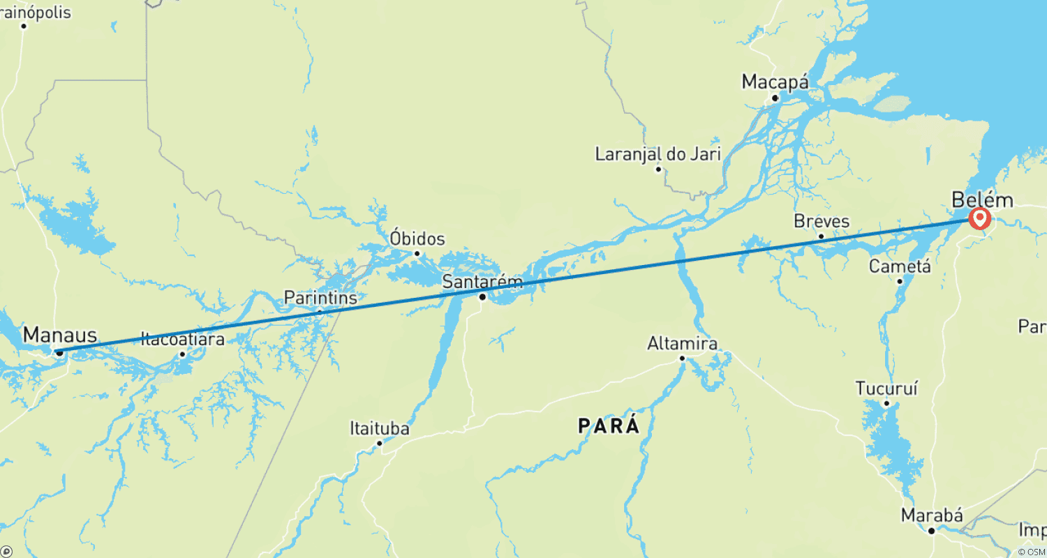 マナウスからベレンへのボートの旅のルートマップ