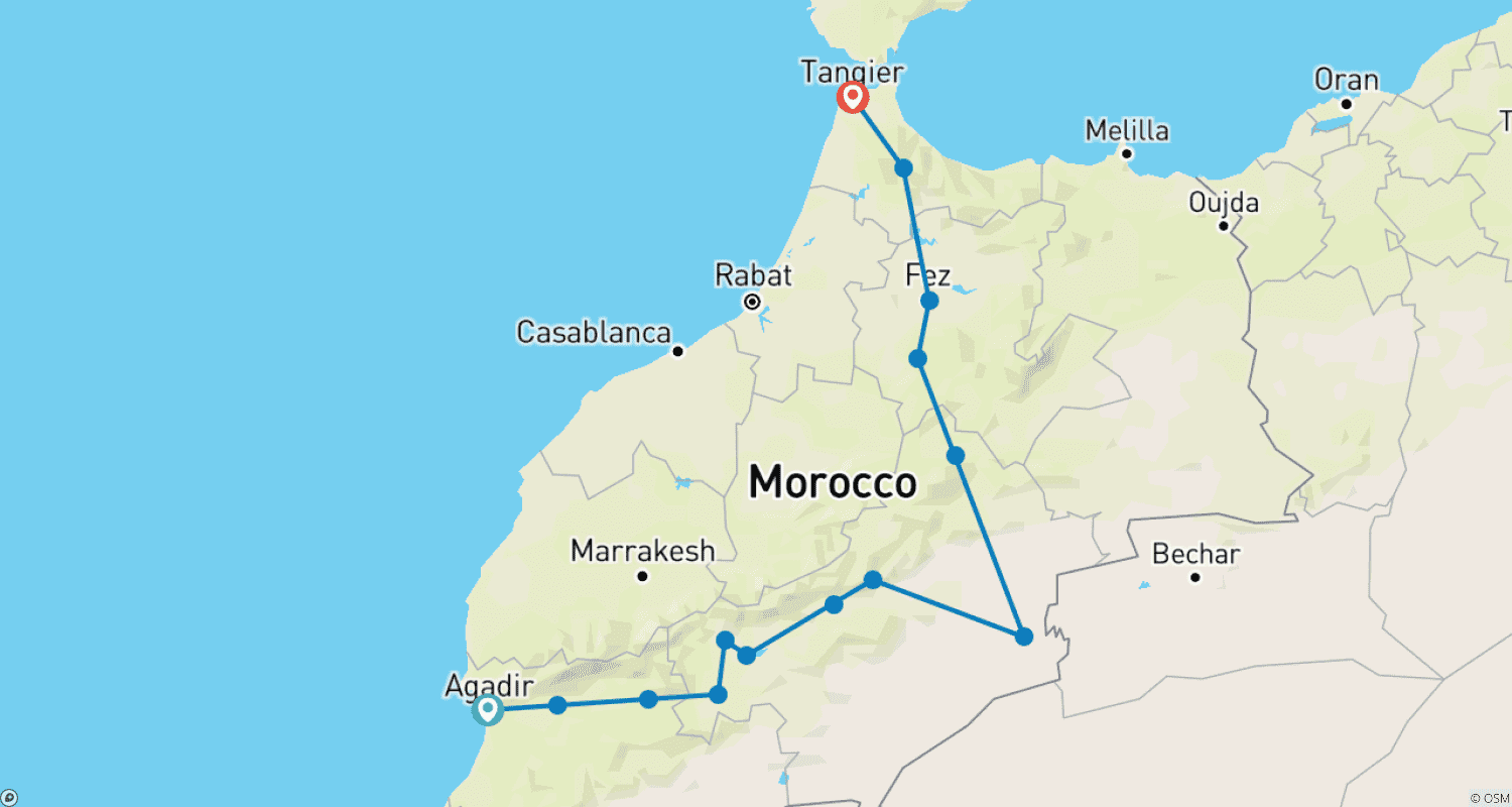 خريطة مسار 11 يومًا من أكادير لاكتشاف المغرب