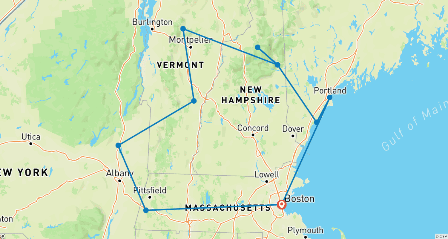 Mapa trasy: Barwy Jesieni Nowej Anglii, wycieczka tylko dla kobiet (mała grupa)