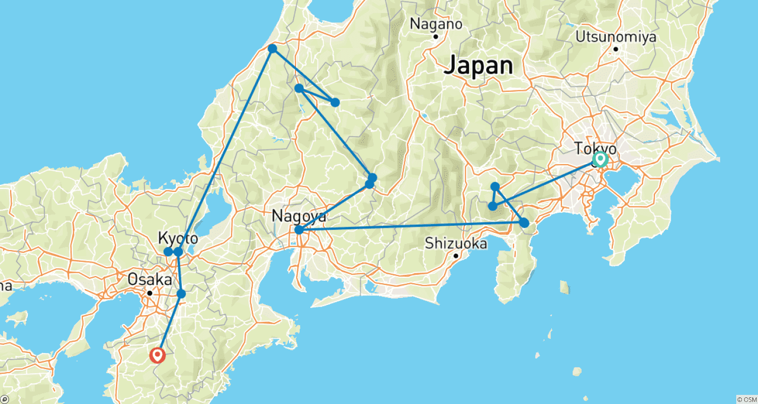 Mapa do percurso de 14 Days Japan Panoramic Culture and Temple Tour  (private guide & driver）