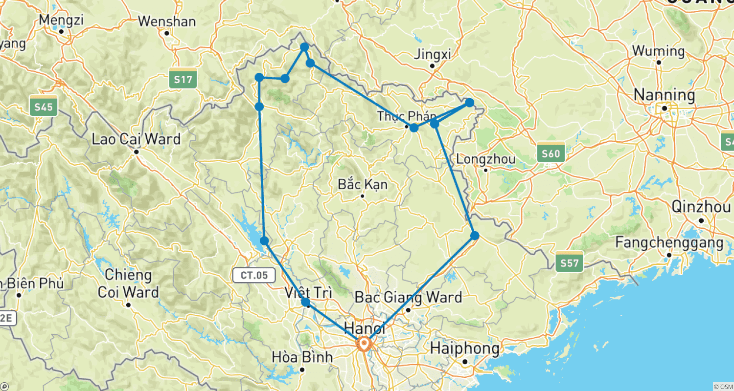 Mapa do percurso de Northeast Vietnam Off-road Motorbike Tour to Lang Son, Cao Bang, Ha Giang, Yen Bai