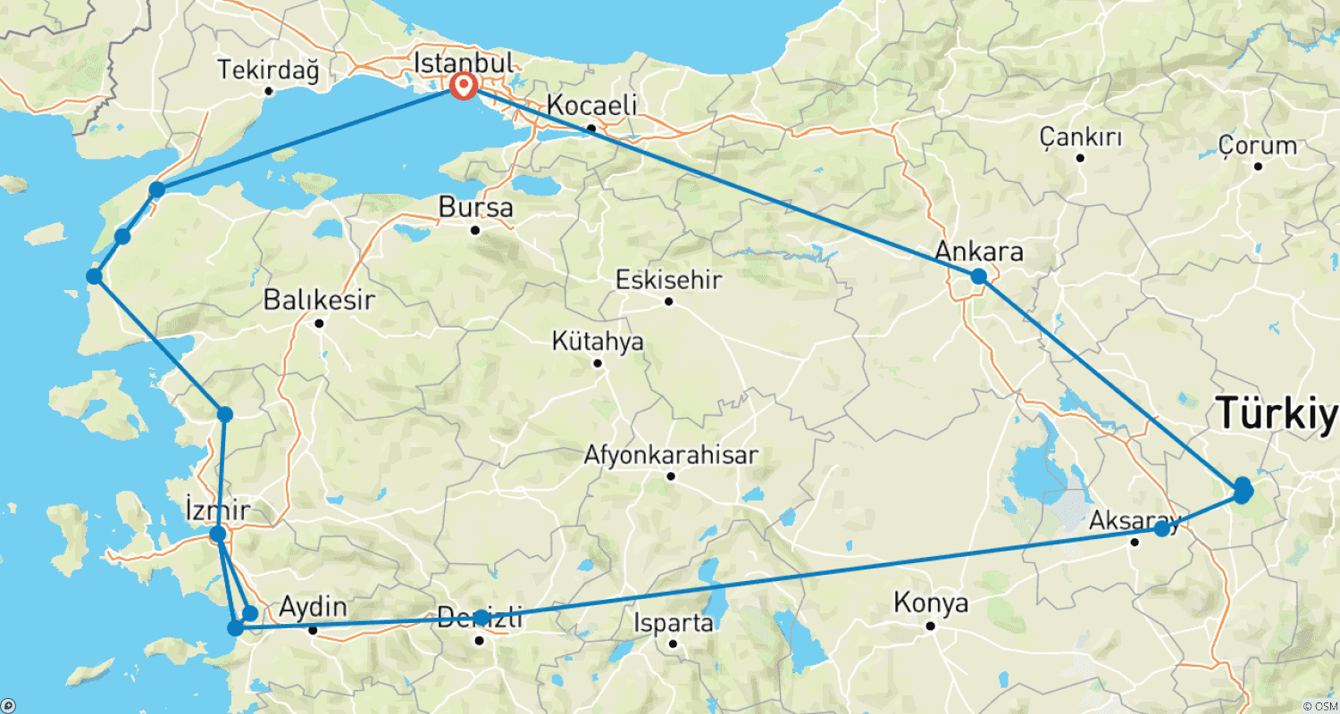 Mapa do percurso de Destaques Clássicos da Turquia