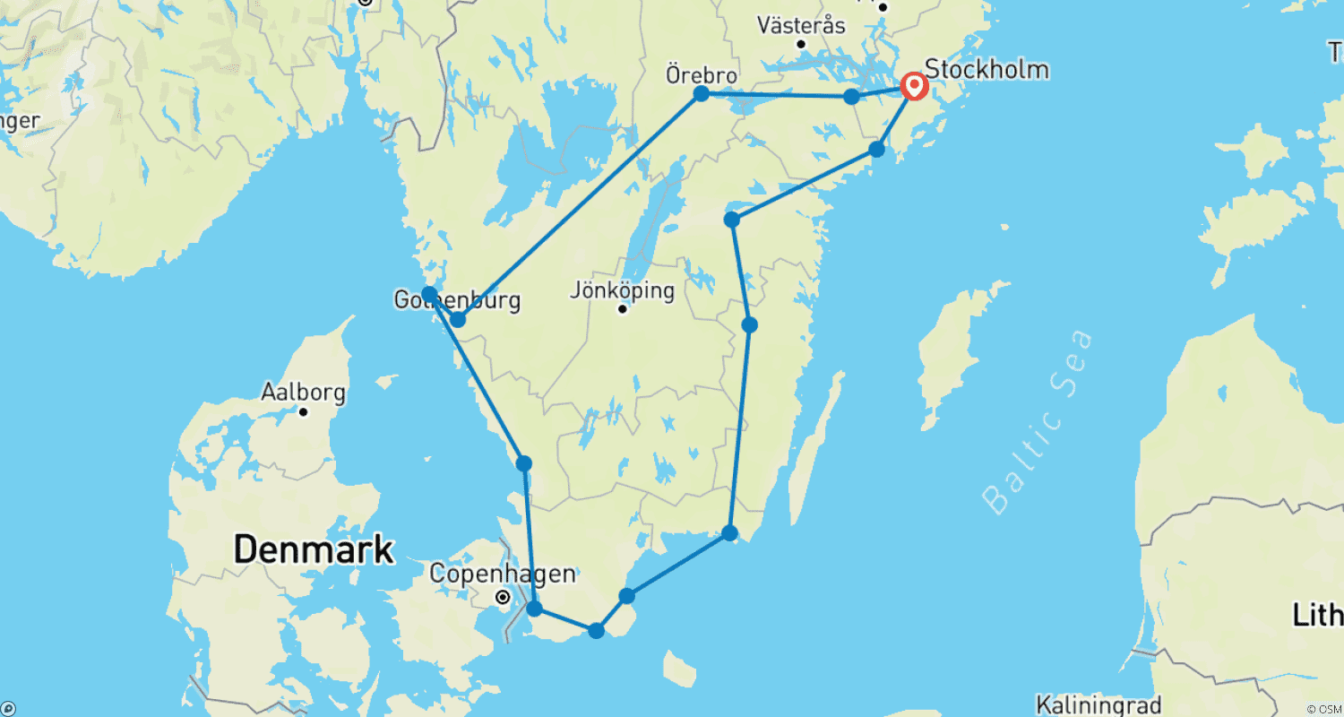Mapa do percurso de Férias na Suécia - Roteiro pelo Sul da Suécia