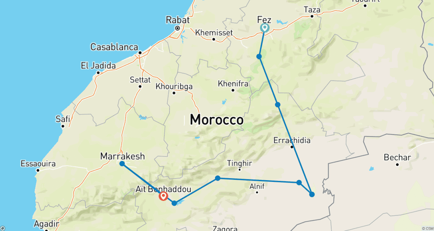 Mapa trasy: 4 Days Tour from Fes to Marrakech via Merzouga, Morocco