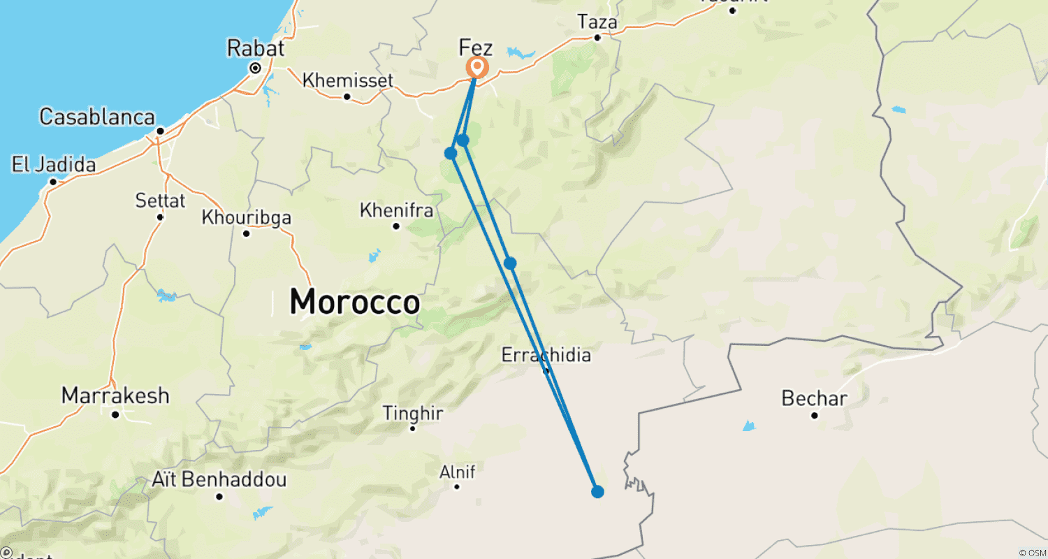 Mapa do percurso de Explore o Deserto de Merzouga: Uma Aventura de 3 Dias e 2 Noites