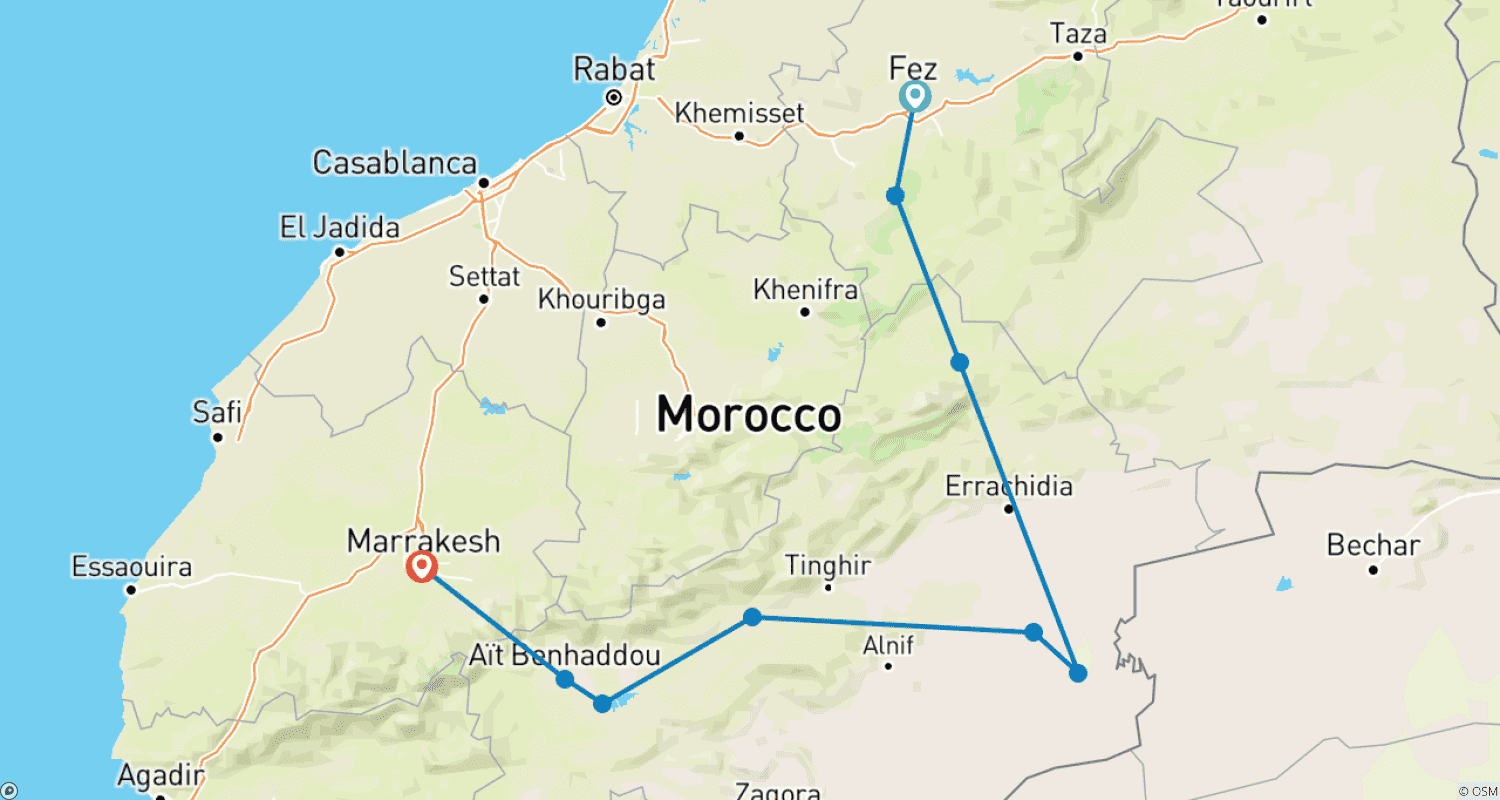 Mapa do percurso de Excursão de 6 Dias ao Deserto do Saara de Fez para Marraquexe, Marrocos