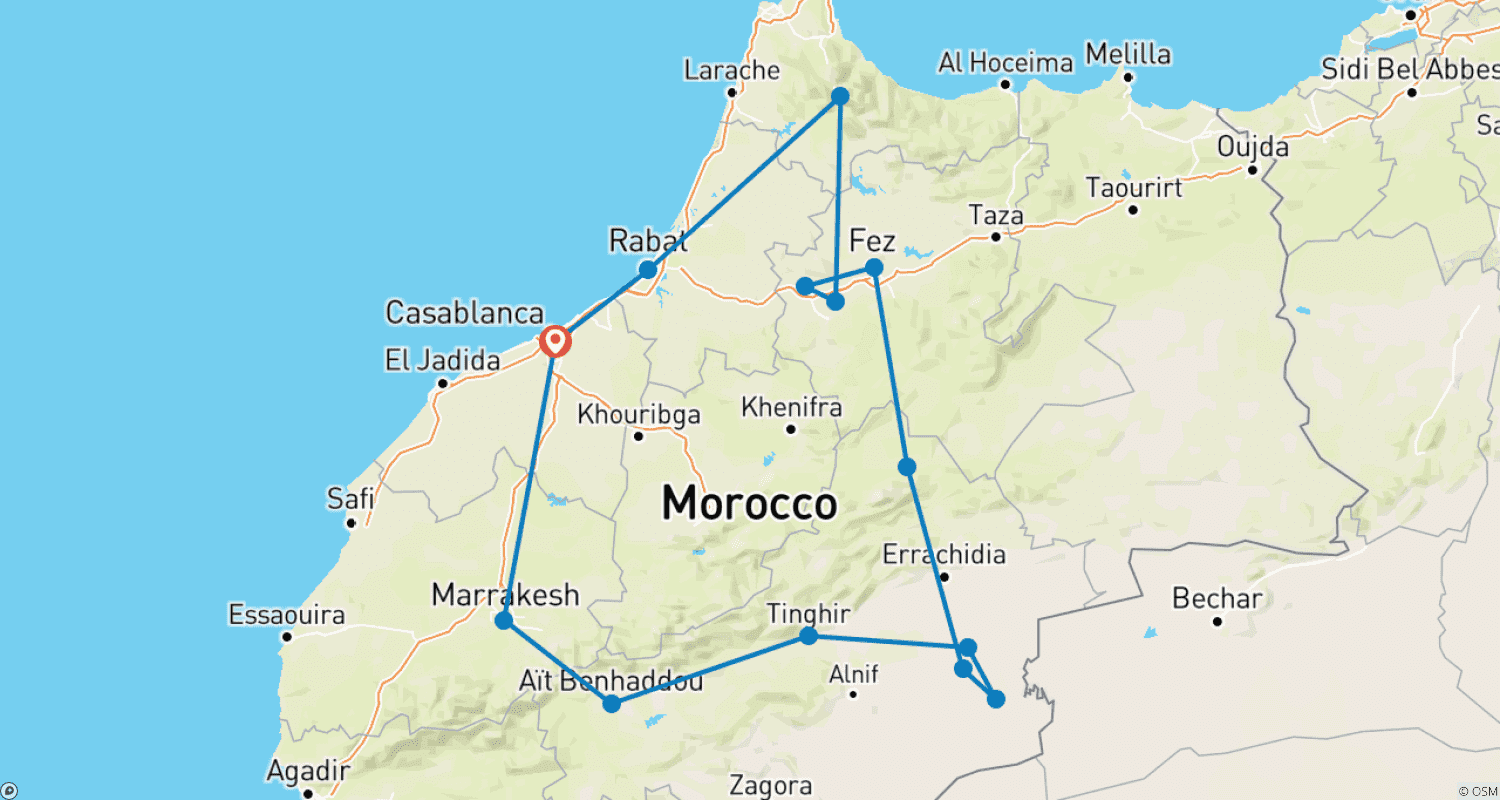Mapa do percurso de Aventura no Norte de Marrocos