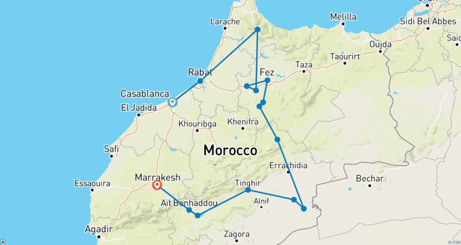Mapa do percurso de 7 Days Morocco Desert Tour from Casablanca to Marrakesh