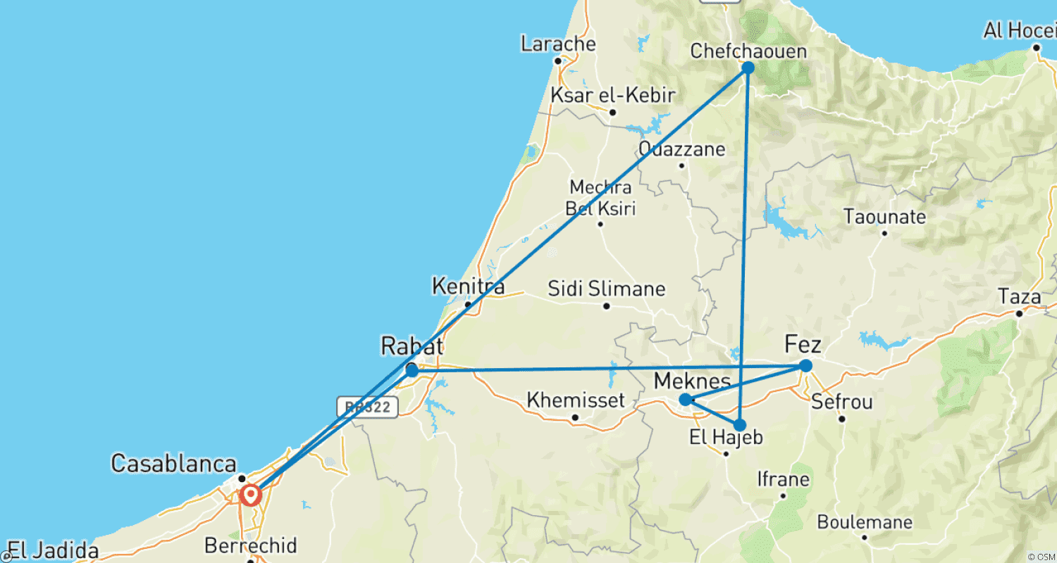 Mapa do percurso de Tour Imperial Marroquino de 5 Dias de Casablanca a Fez