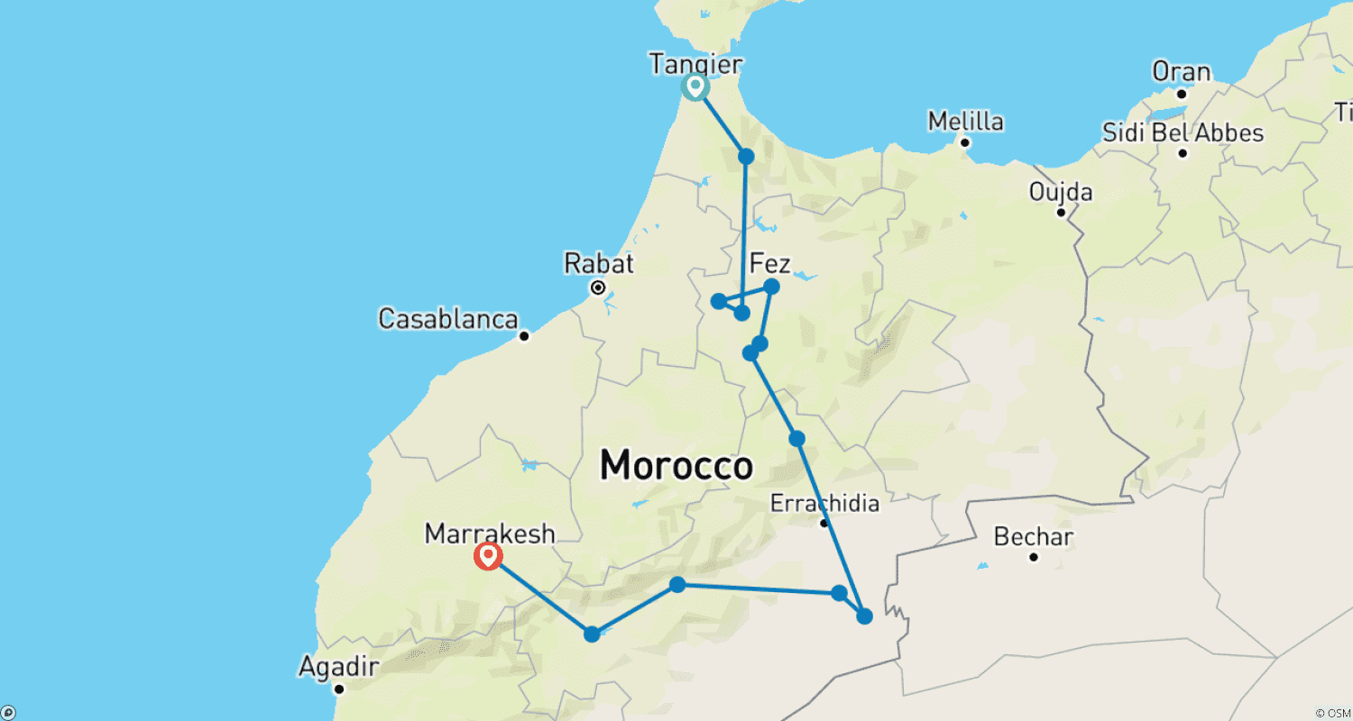Mapa do percurso de 7 Dias de Excursão ao Deserto do Saara em Marrocos: De Tânger a Marraquexe