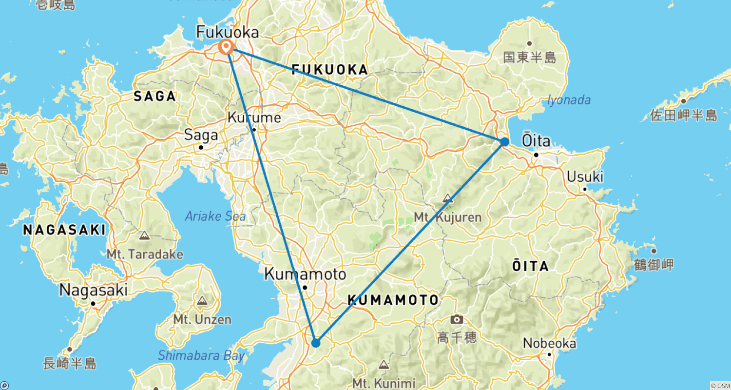 Mapa do percurso de 7 Dias de Onsen em Kyushu: Tour Cultural (guia e motorista privados)