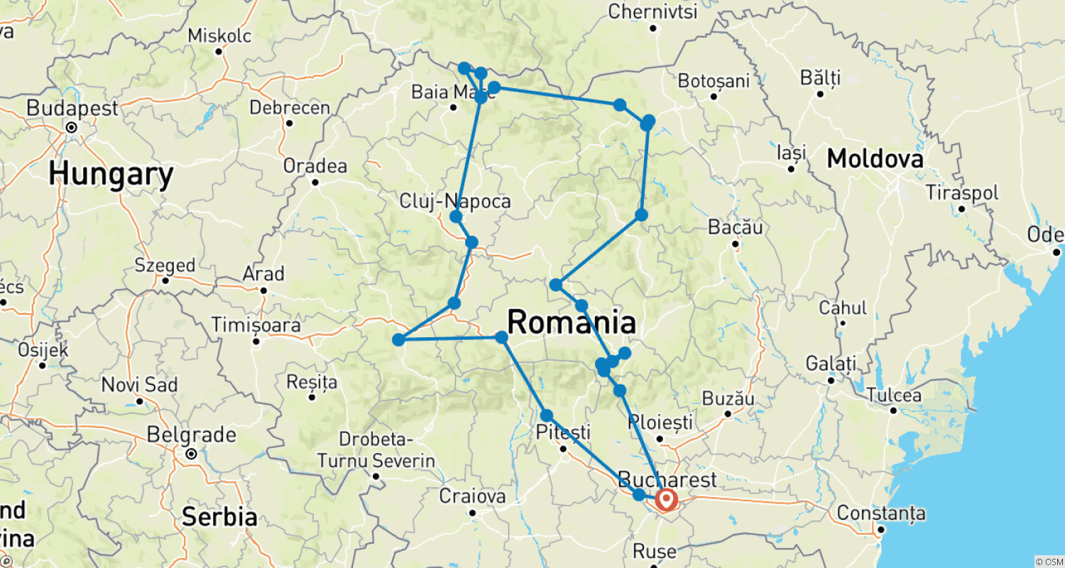 Customized 11 Days Romania Private Trip with Carpathians, Daily Start & Exclusive Carのルートマップ