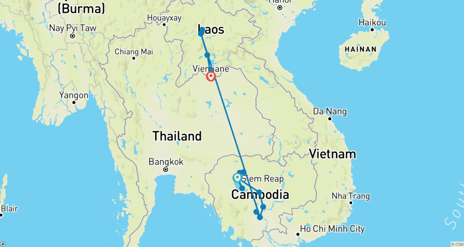 Mapa do percurso de Cambodia and Loas All Top Destinations 14 Days Tour