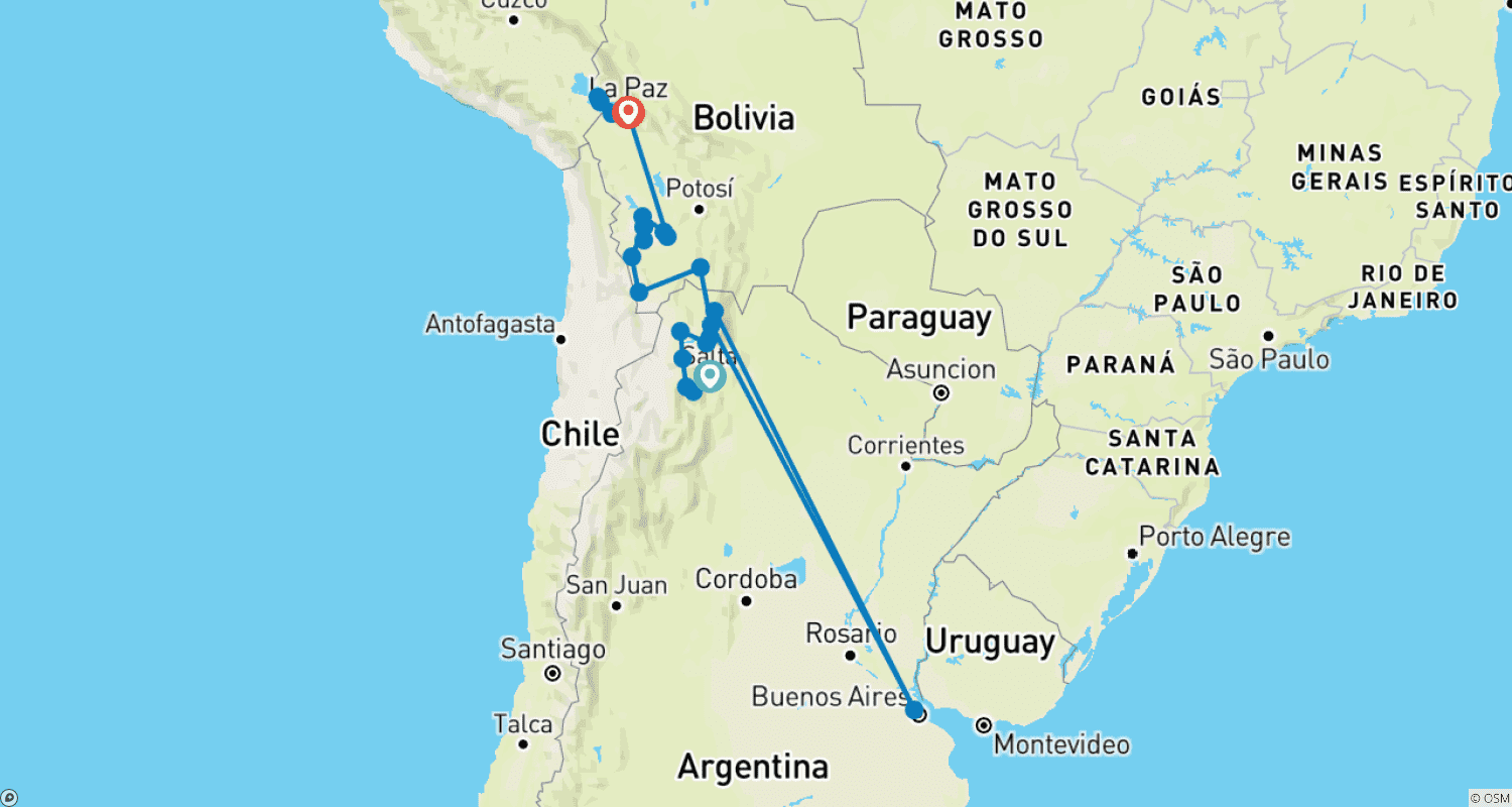 14 Days Sacred Sands: Argentina and Boliviaのルートマップ