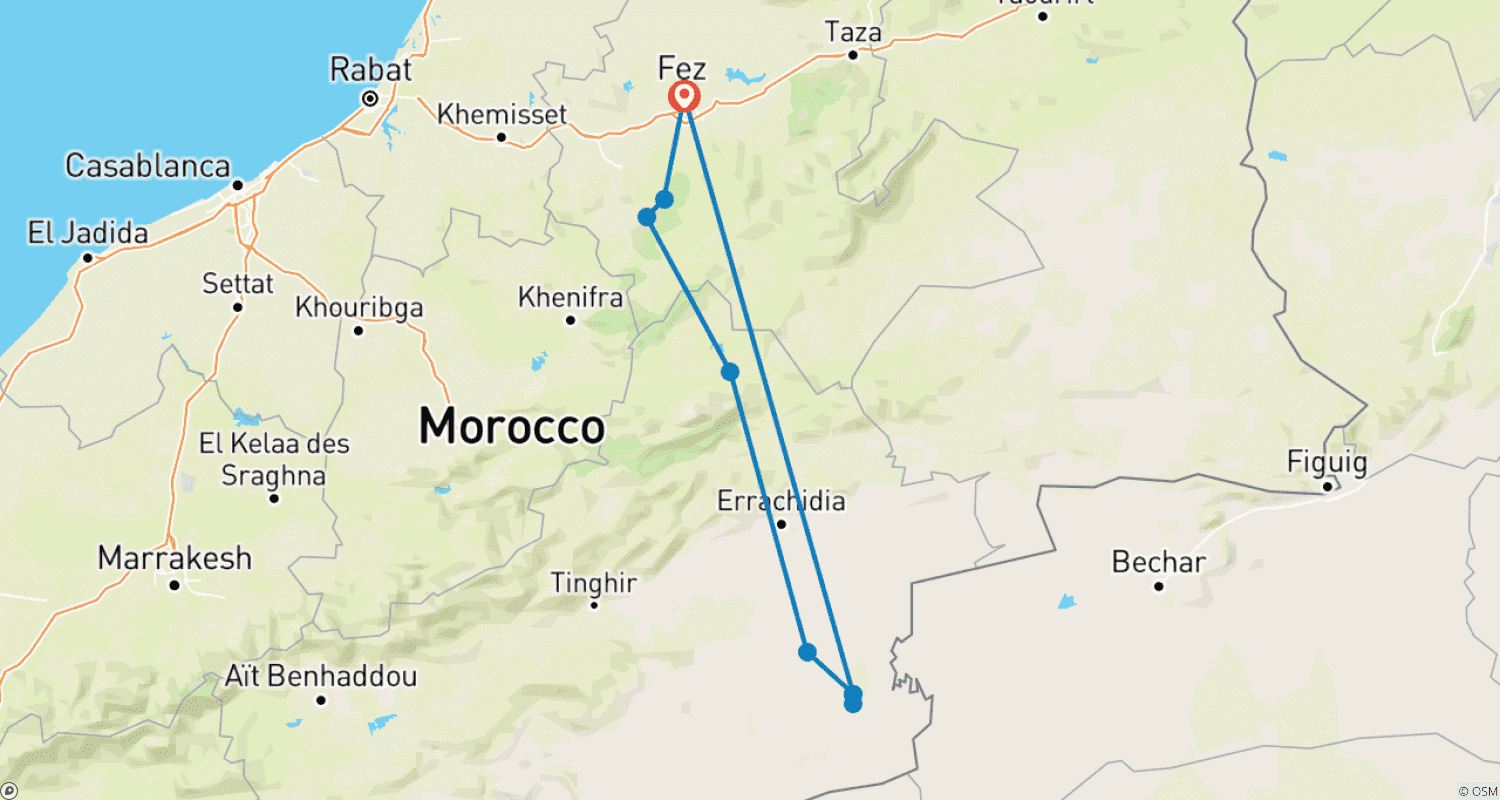 3-Day Fes to Merzouga Desert Tour (2 Nights Sahara Experience)のルートマップ