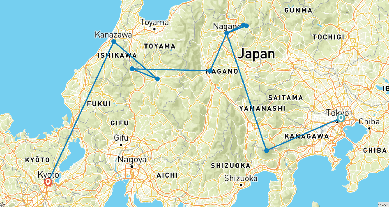 Mapa trasy: 13-dniowa Ikoniczna Wycieczka po Japonii (private guide & driver) Możliwość dostosowania