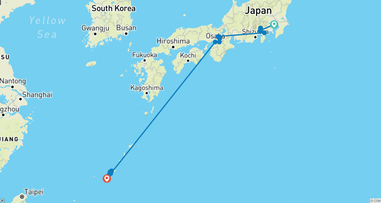 Mapa do percurso de 14 Dias Essenciais no Japão: Tóquio, Osaka, Quioto e Okinawa (guia e motorista particulares)