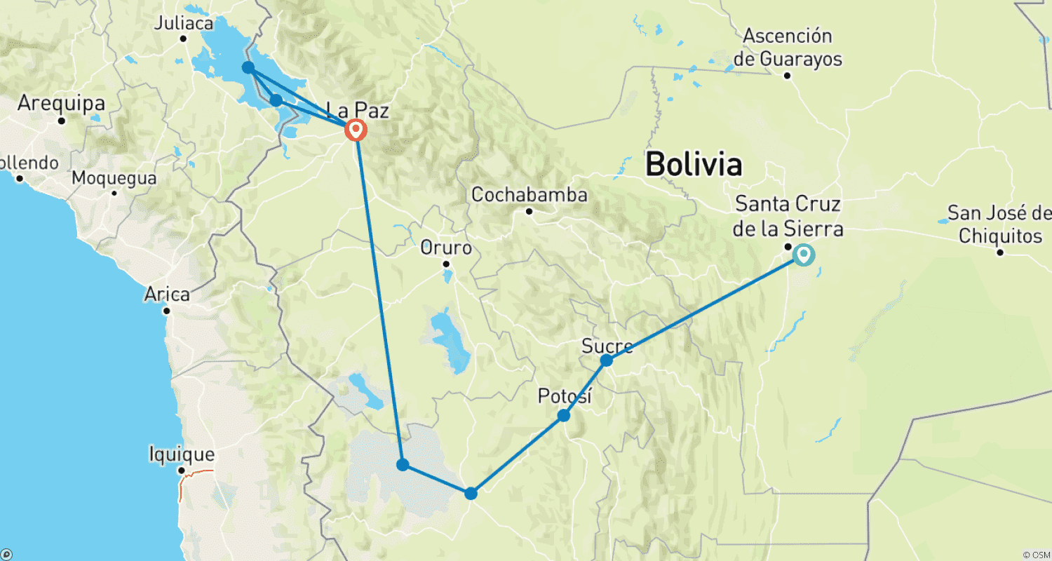 Mapa do percurso de 10 Dias de Destaques Multiculturais Bolivianos