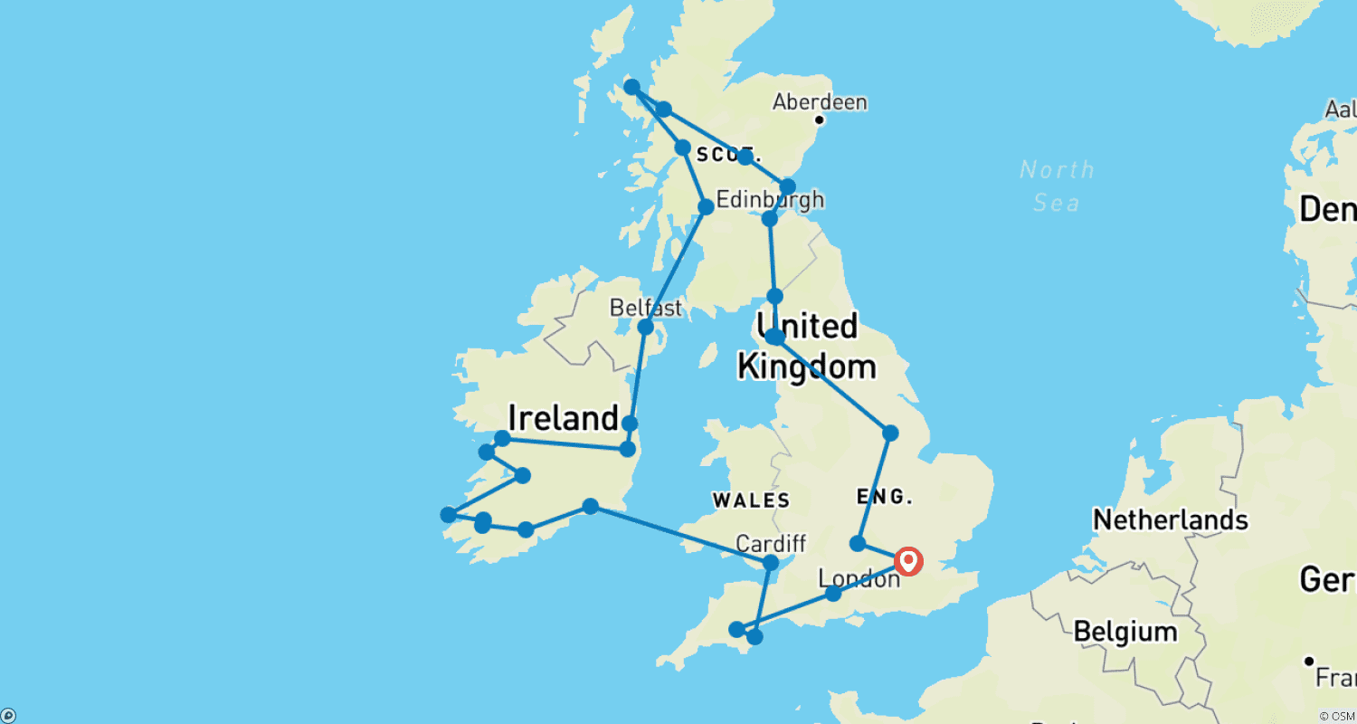 ロマンチックなイギリスとアイルランド (クラシックグループ、20日間)のルートマップ