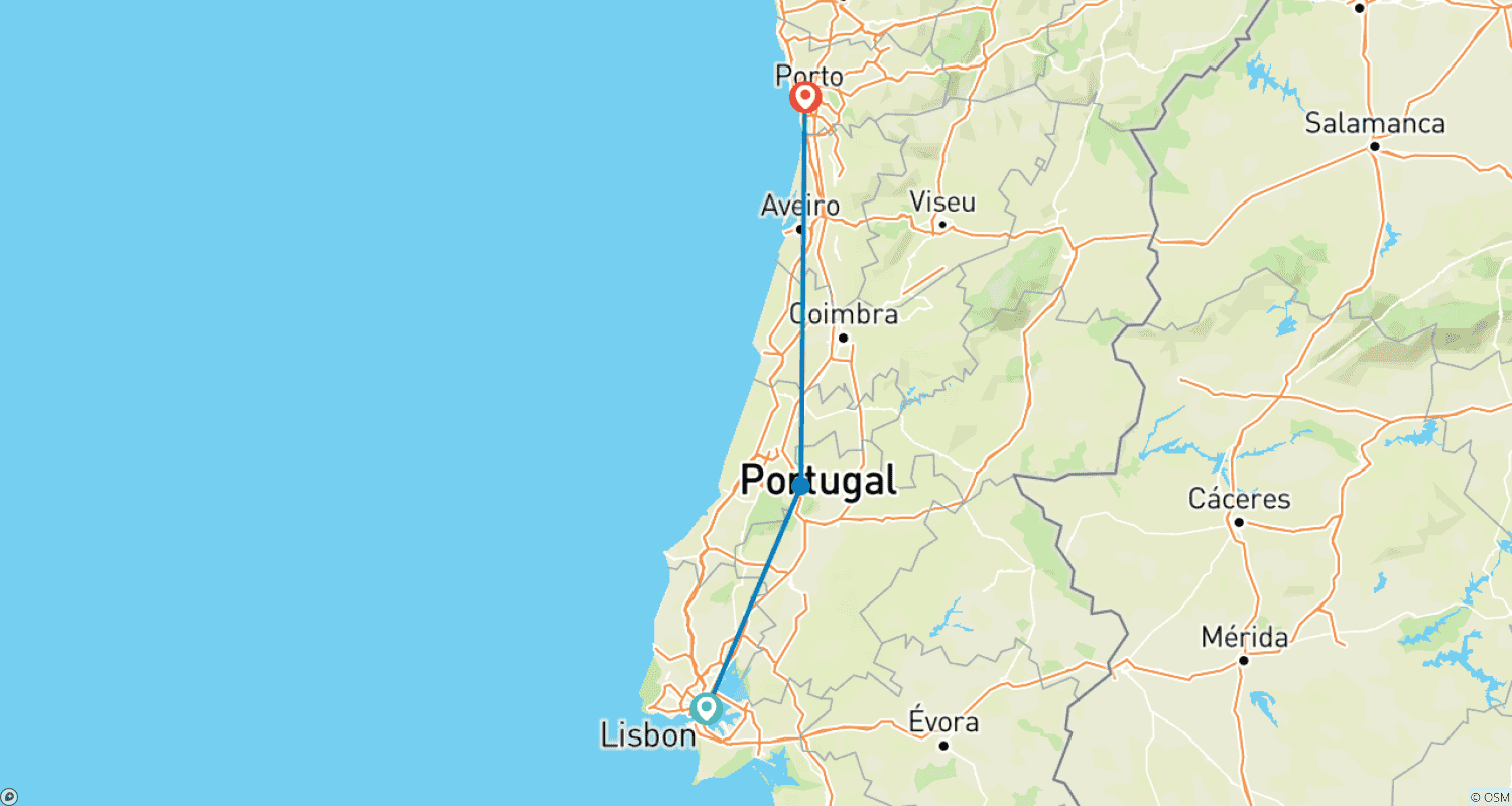 Mapa do percurso de PORTUGAL Destaques 7 Dias Lisboa Fátima Porto