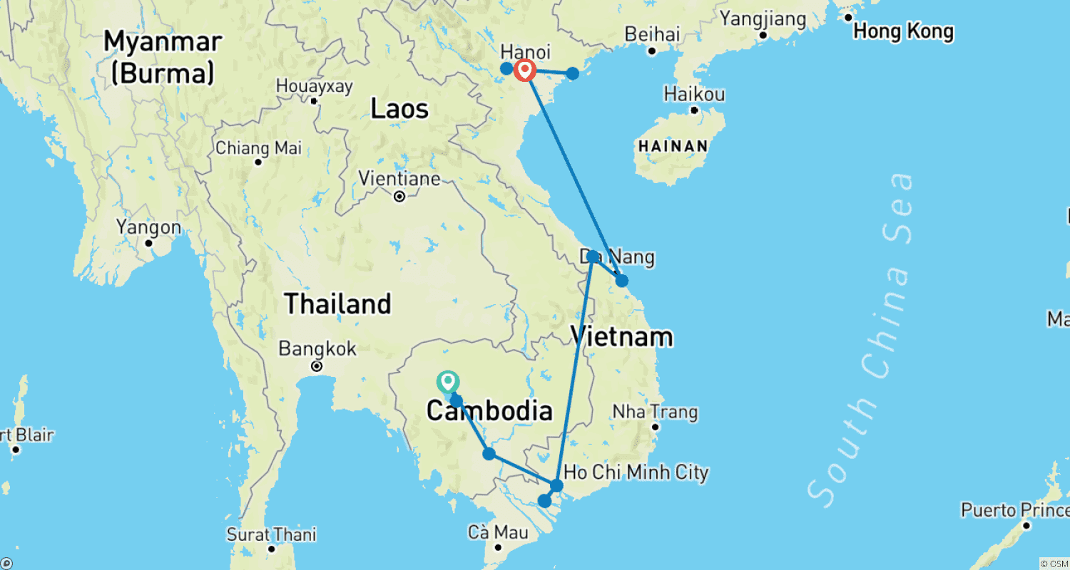 Mapa do percurso de Camboja e Vietnã Autênticos em 14 Dias