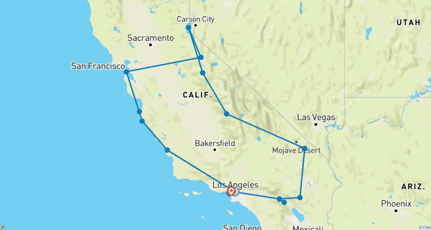 Mapa do percurso de Lista de Desejos da Califórnia: Sonhos de Viagem de Carro e Maravilhas Nacionais