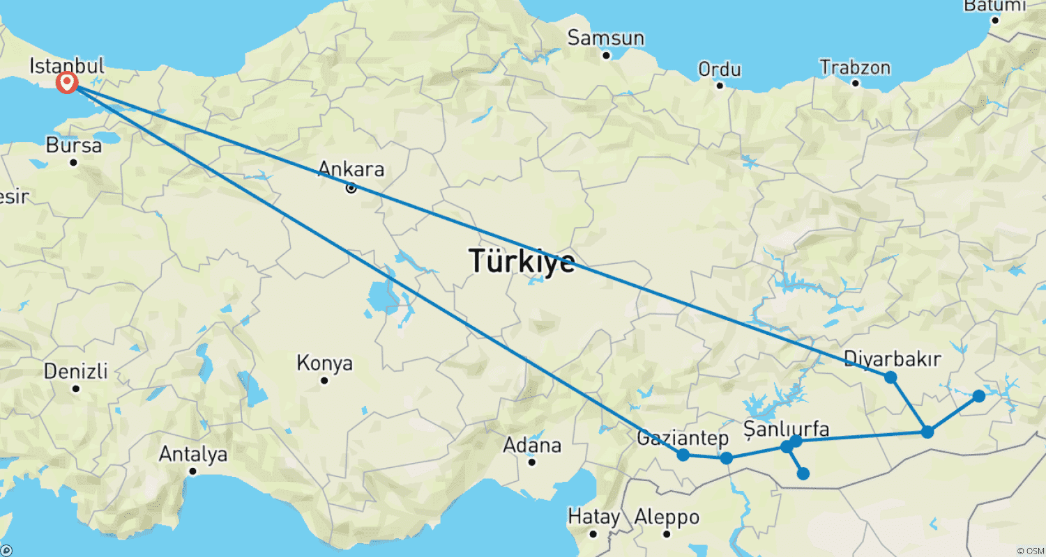 神秘のメソポタミア:トルコ南東部9日間の発見の旅のルートマップ