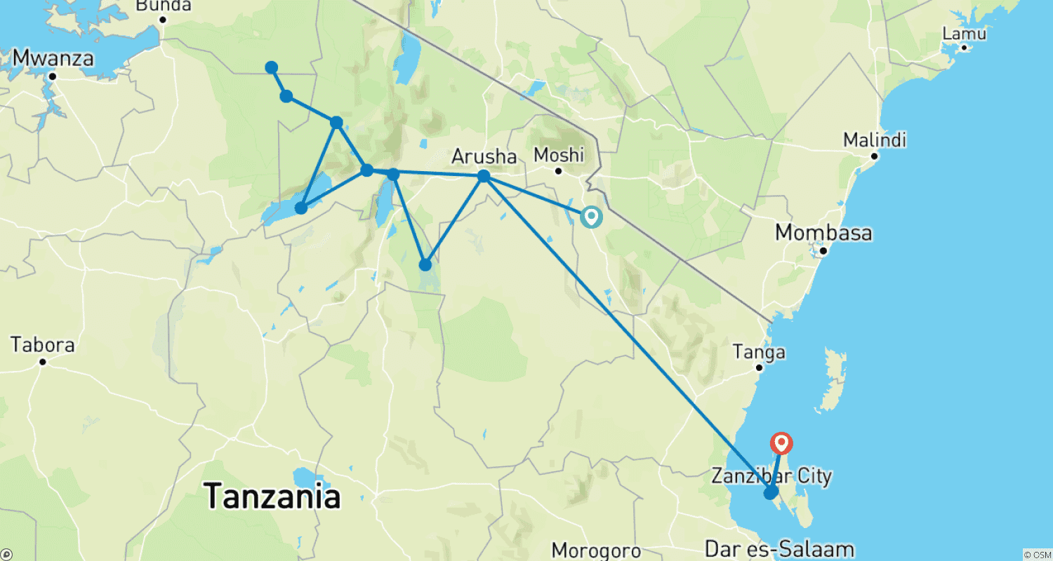 Mapa trasy: 10-dniowe luksusowe safari „Wielka Piątka” w Tanzanii, wycieczka kulturowa i wycieczka na plażę Zanzibaru (lot lokalny)