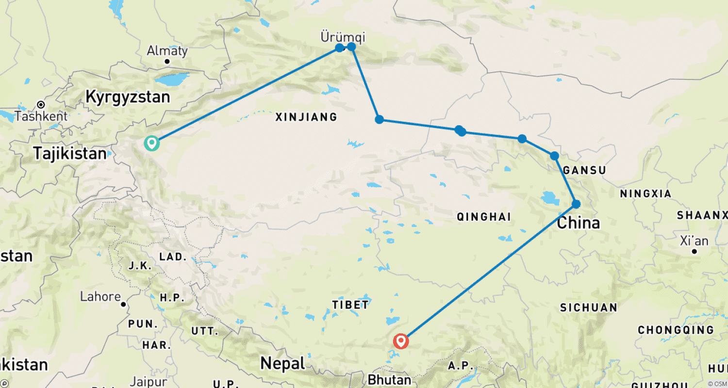 Mapa trasy: Silk Road and Tibet Explore 15D