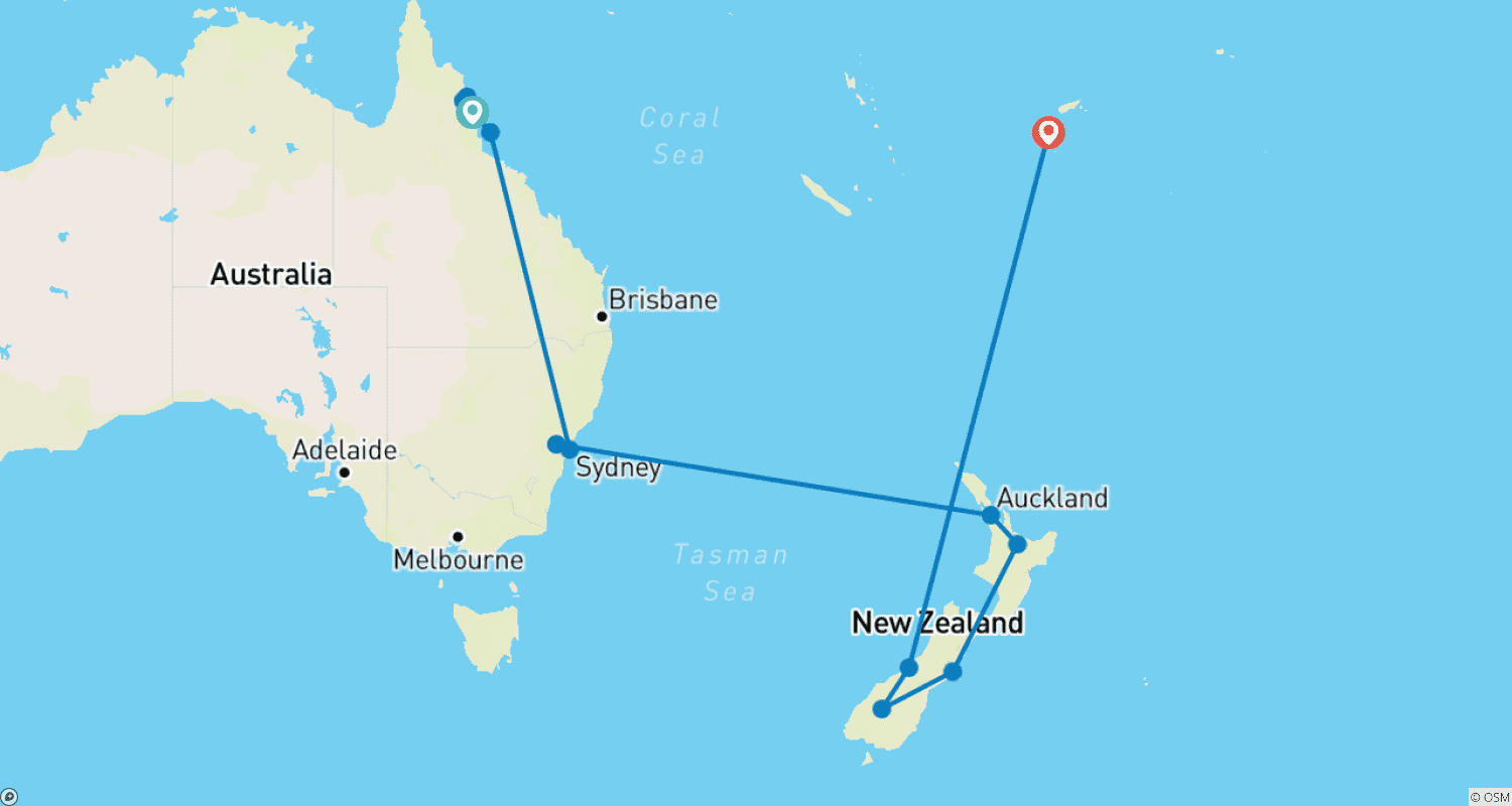 Mapa do percurso de Destaques da Austrália, Nova Zelândia e Fiji em 21 Dias