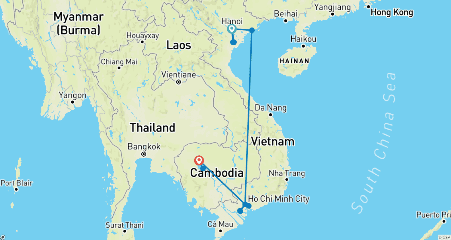 Mapa do percurso de Vietnã e Camboja Completos em 10 Dias