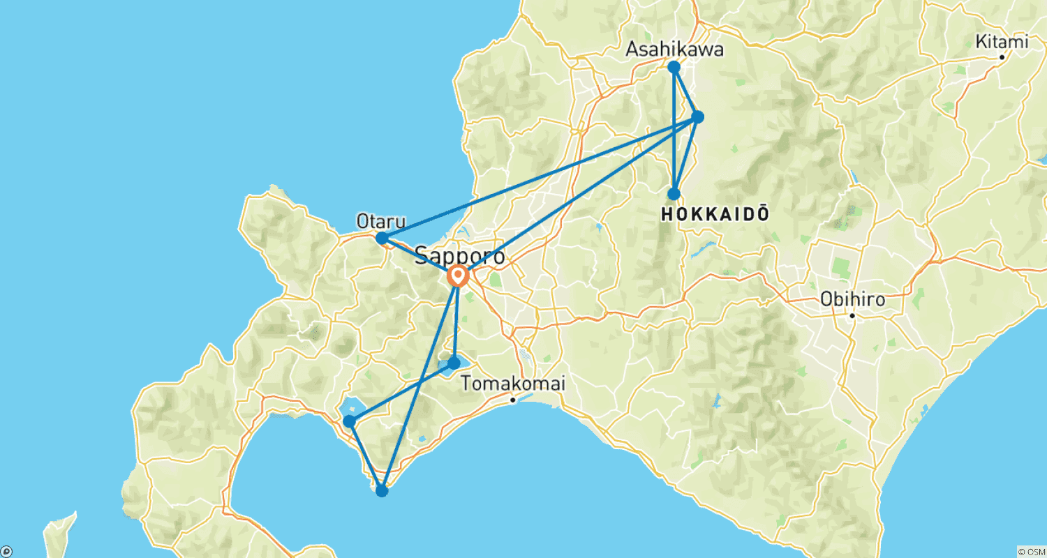6日間 北海道 花のシンフォニー巡りツアー(プライベートガイド&ドライバー付き)夏のベストシーズンは6月から8月です。のルートマップ