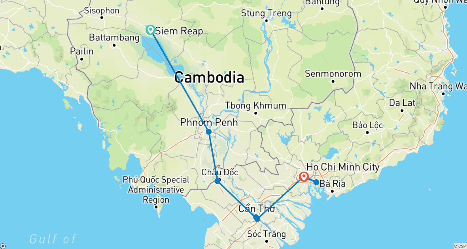 Mekong Discovery Siem Reap からホーチミン市へ 9日間 - プライベートツアーのルートマップ