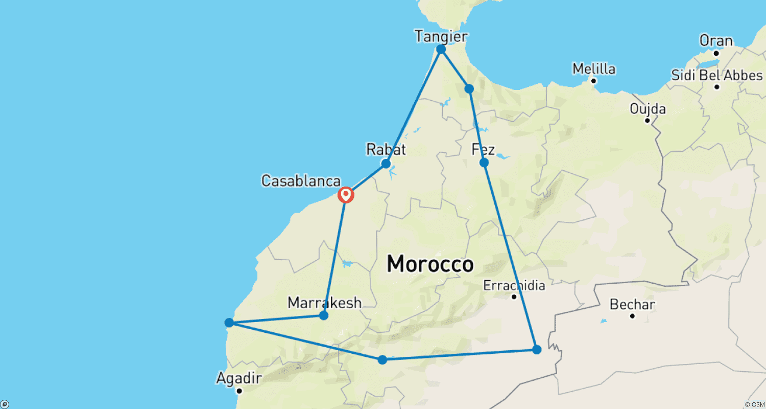 خريطة مسار جولة لمدة 12 يومًا: جولة كبرى في المغرب تنطلق من الدار البيضاء