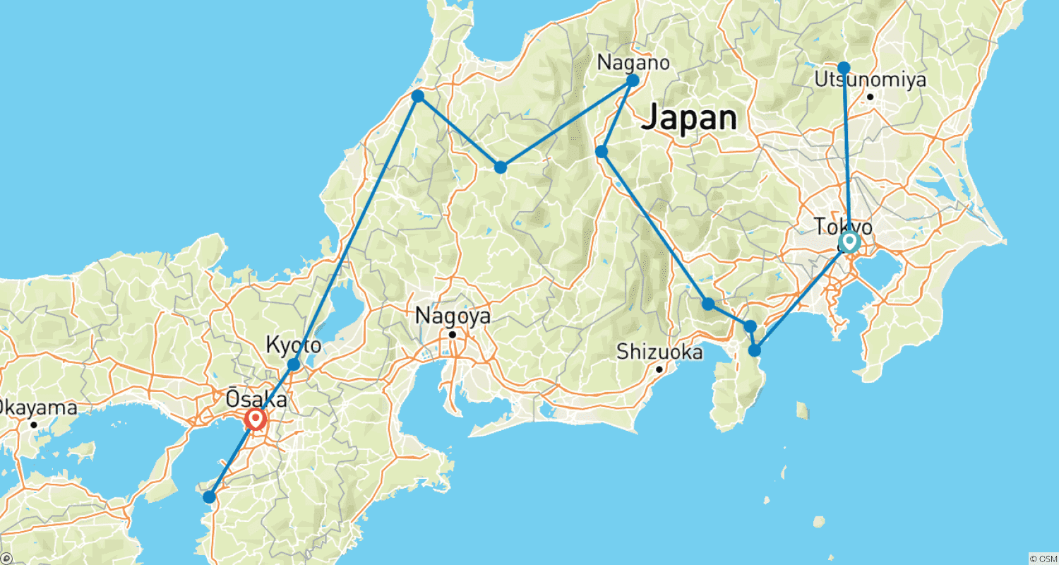 日本での20日間のラブストーリー(プライベートガイド&ドライバー付き)のルートマップ