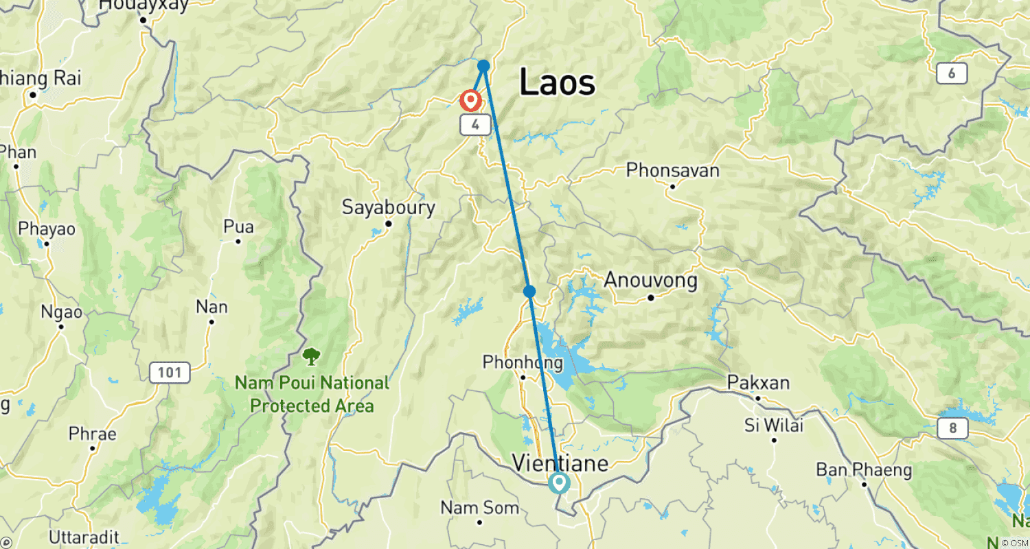 Mapa do percurso de Excursão de 7 dias no Laos: de Vientiane a Vang Vieng e Luang Prabang