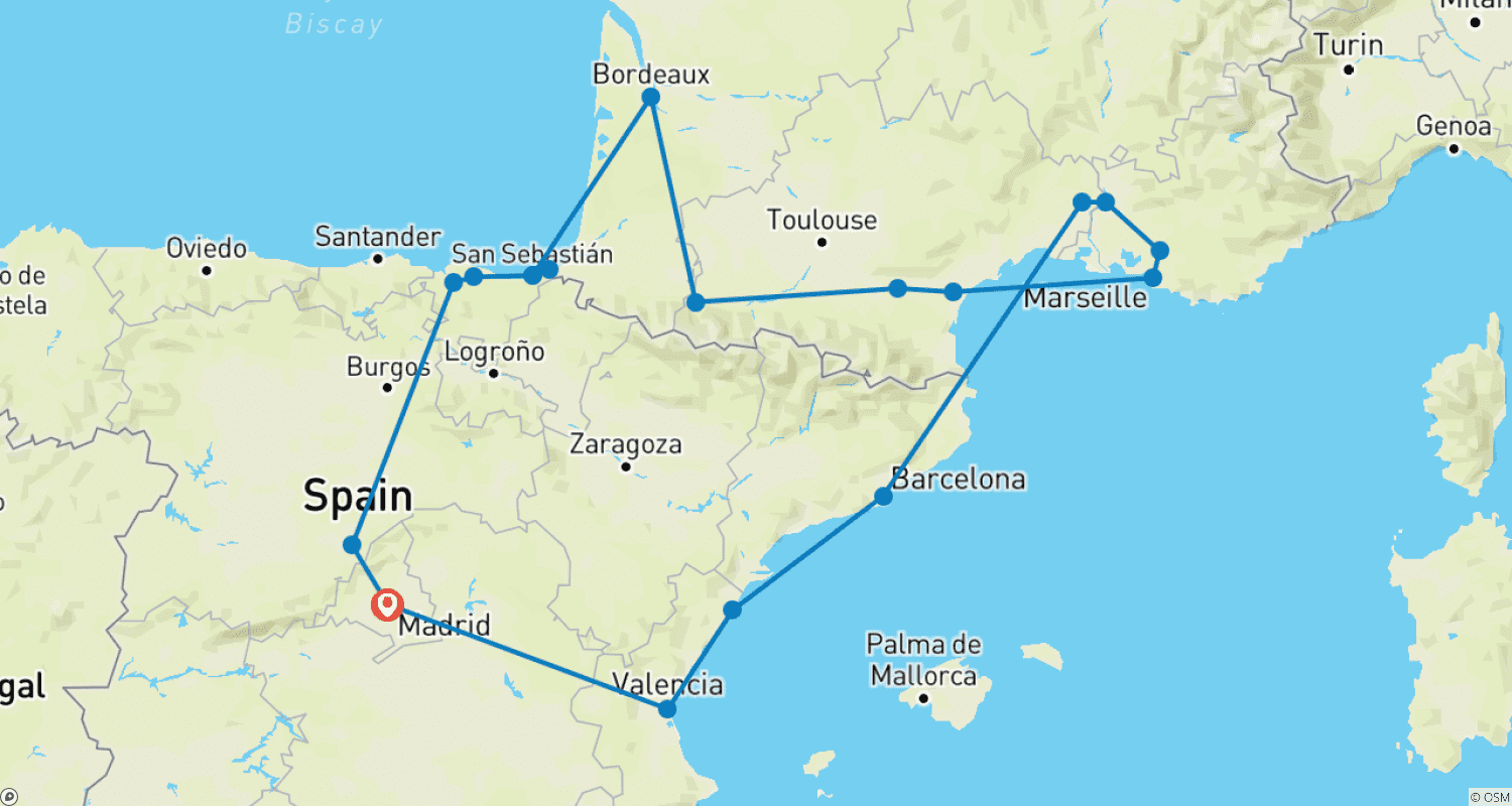 Basque Country, Lourdes, Provence and Barcelonaのルートマップ