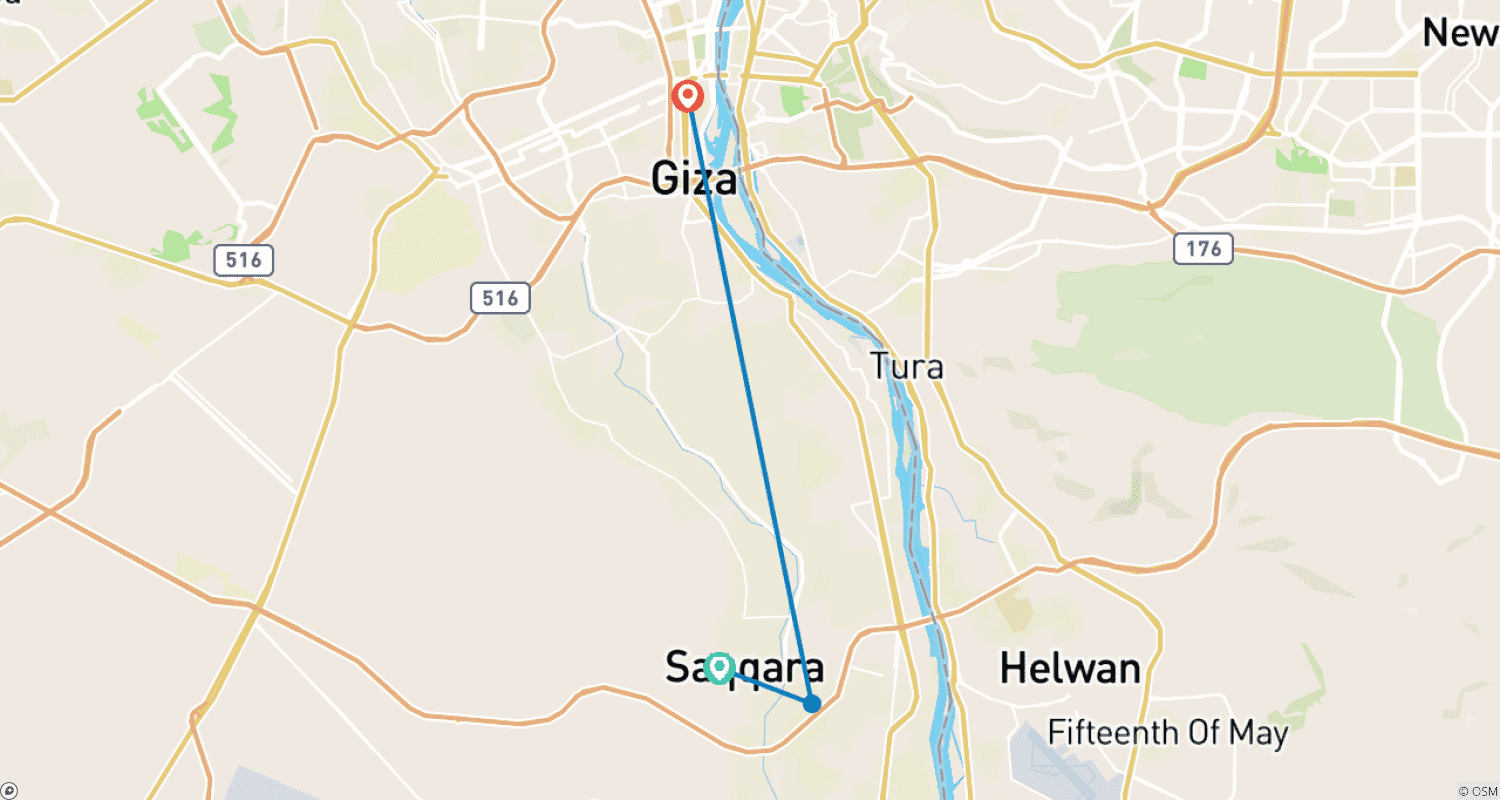 Mapa do percurso de SAQQARA • MEMPHIS • THE GRAND EGYPTIAN MUSEUM — Da Pedra Preciosa Aos Tesouros Antigos