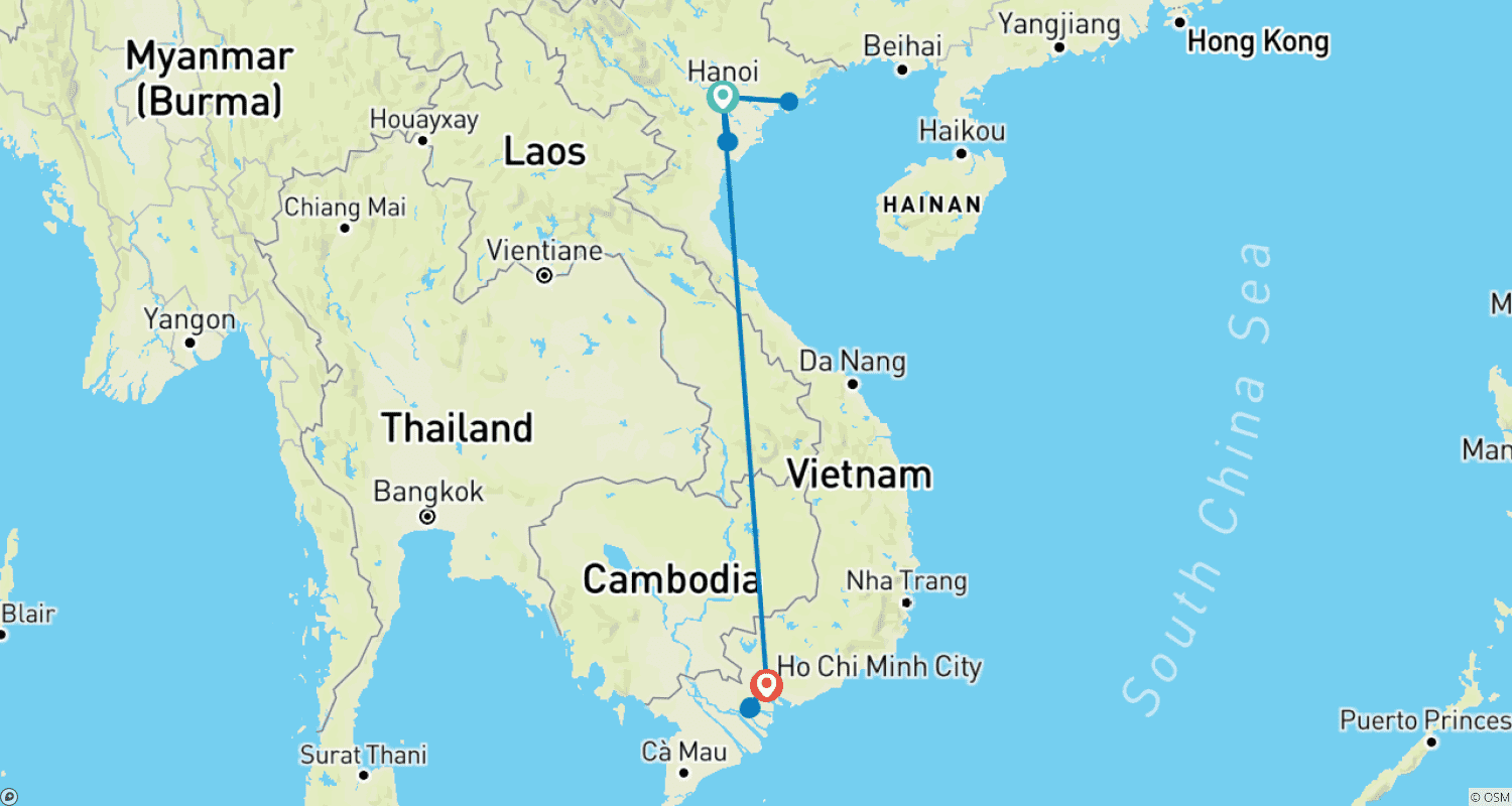 Mapa do percurso de Vietnã Mágico em 7 Dias