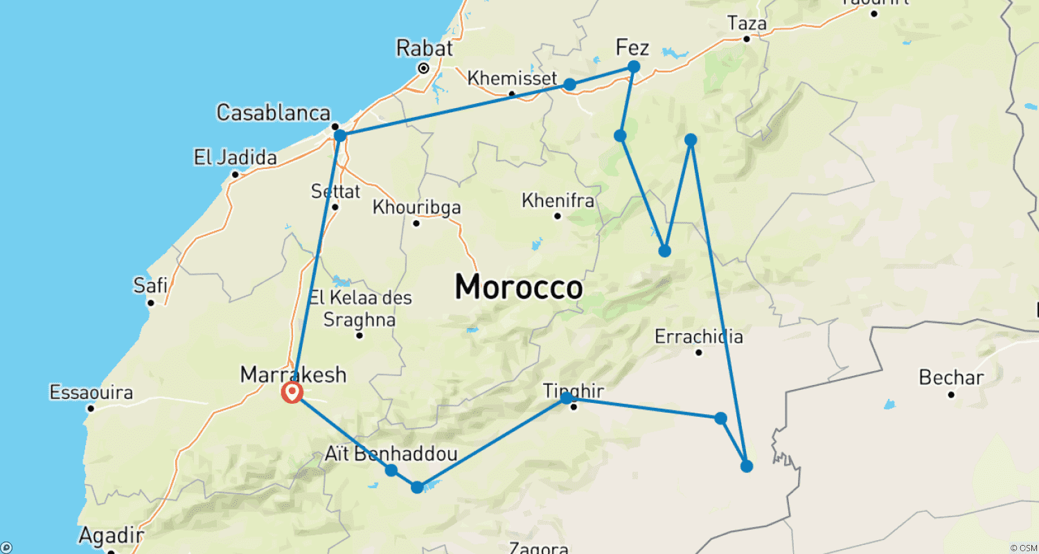 خريطة مسار 9-DAYS IN MOROCCO DESERT AND IMPERIAL CITIES FROM MARRAKECH