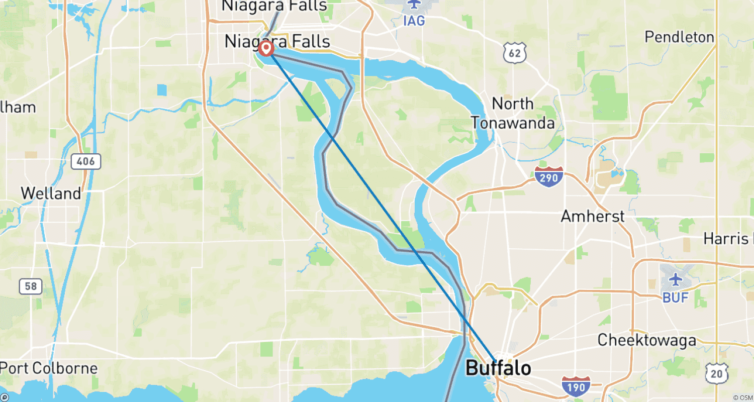 Mapa trasy: 2-dniowa wycieczka do Niagara Falls (USA) z przejażdżką helikopterem