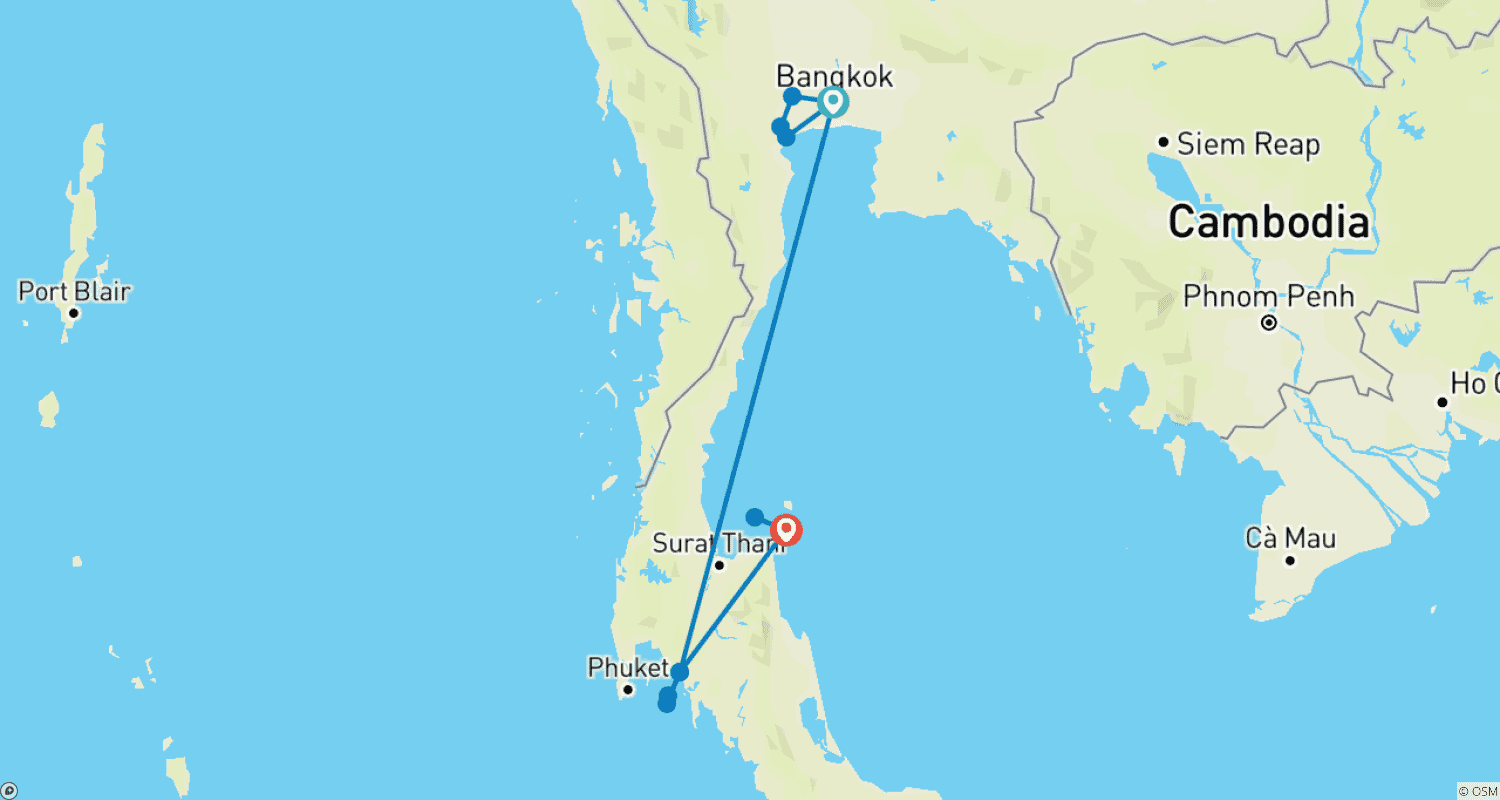 Mapa do percurso de Melhor de Bangkok, Krabi e Samui em 10 Dias - Tour Privado