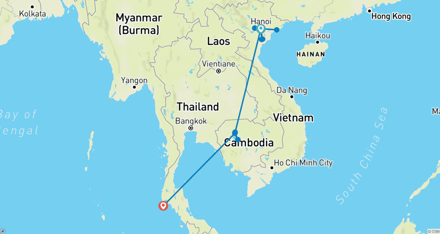 Mapa do percurso de O Presente do Vietnã, Camboja e Tailândia em 11 Dias