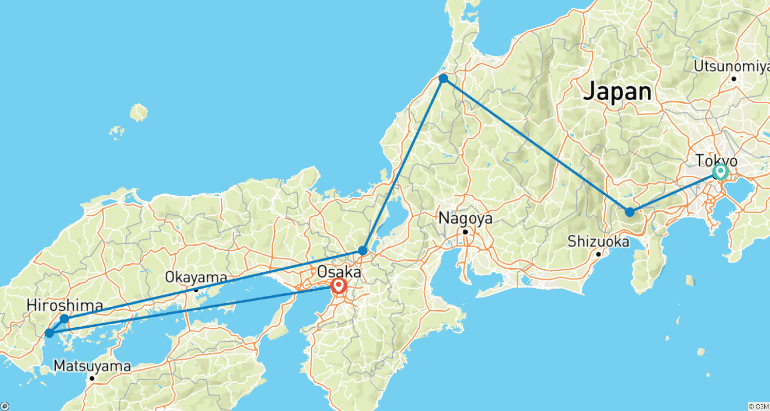 Mapa do percurso de Japão Essencial: 13 Dias em Tóquio, Quioto, Osaka, Kanazawa, Hiroshima (Personalizado Privado)