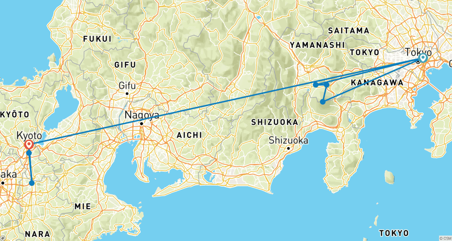 Mapa trasy: Urzekająca Japonia: Od Zgiełku Tokio do Spokoju Kioto (Prywatna, Szyta na Miarę)
